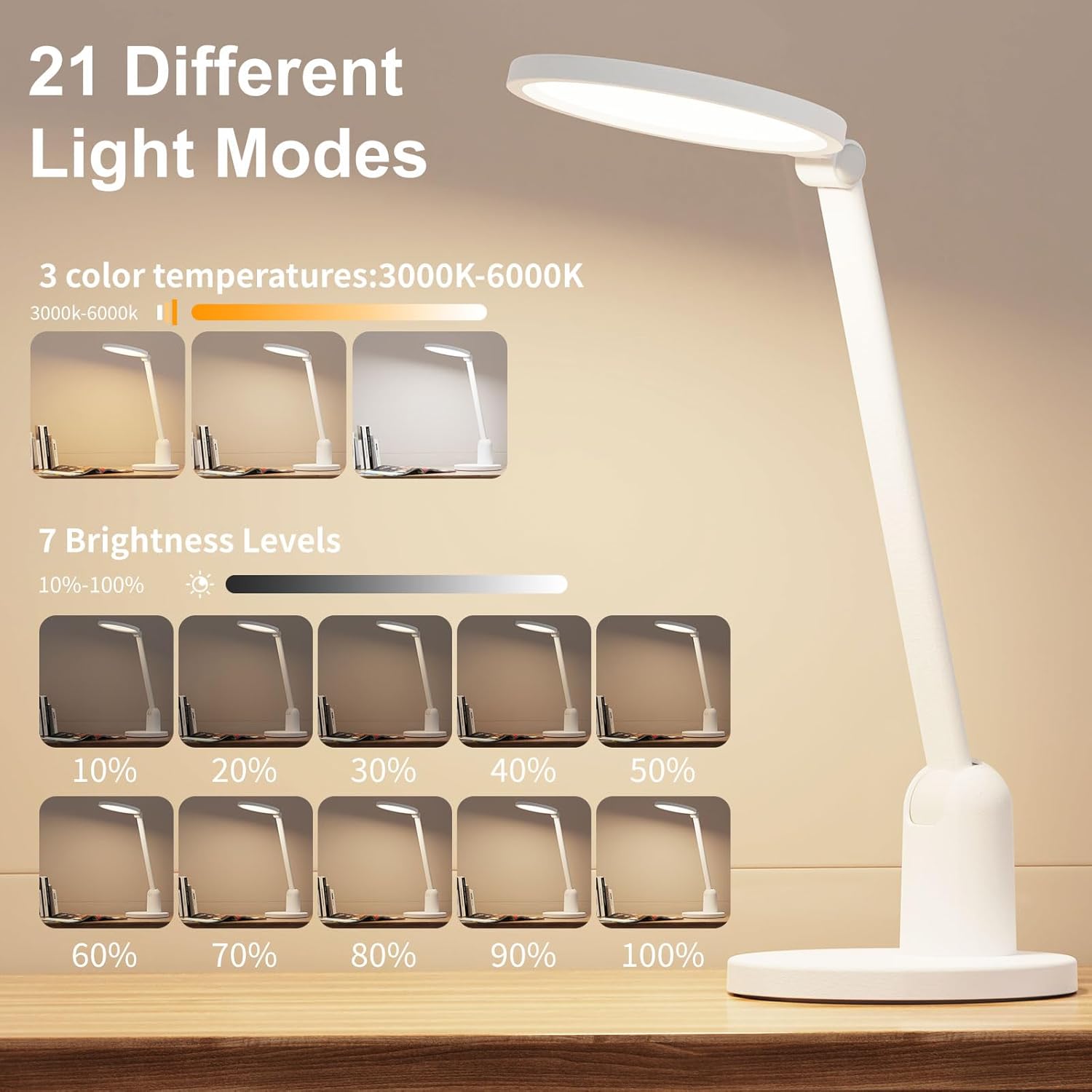 Kitloo Desk Lamps for Home Office with Stable Base, 1000LM Ultra Bright Eye-Caring Desk Light, 3000K-6000K Dimmable Table Lamp with Stepless Dimming & Timing Function for Work, Reading, Bedroom - Image 4