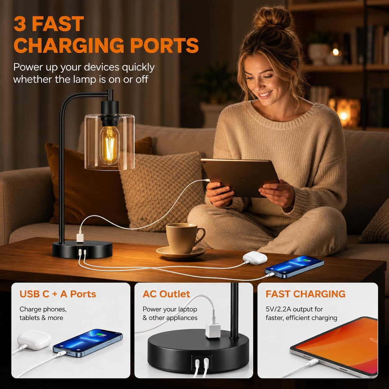 Set of 2 Industrial Touch Control Table Lamps with USB C+A Ports and AC Outlet - 3-Way Dimmable Black Bedside Lamps Nightstand Desk Lamps for Bedroom Living Room, Glass Shade & 2 LED Bulbs Included - Image 4