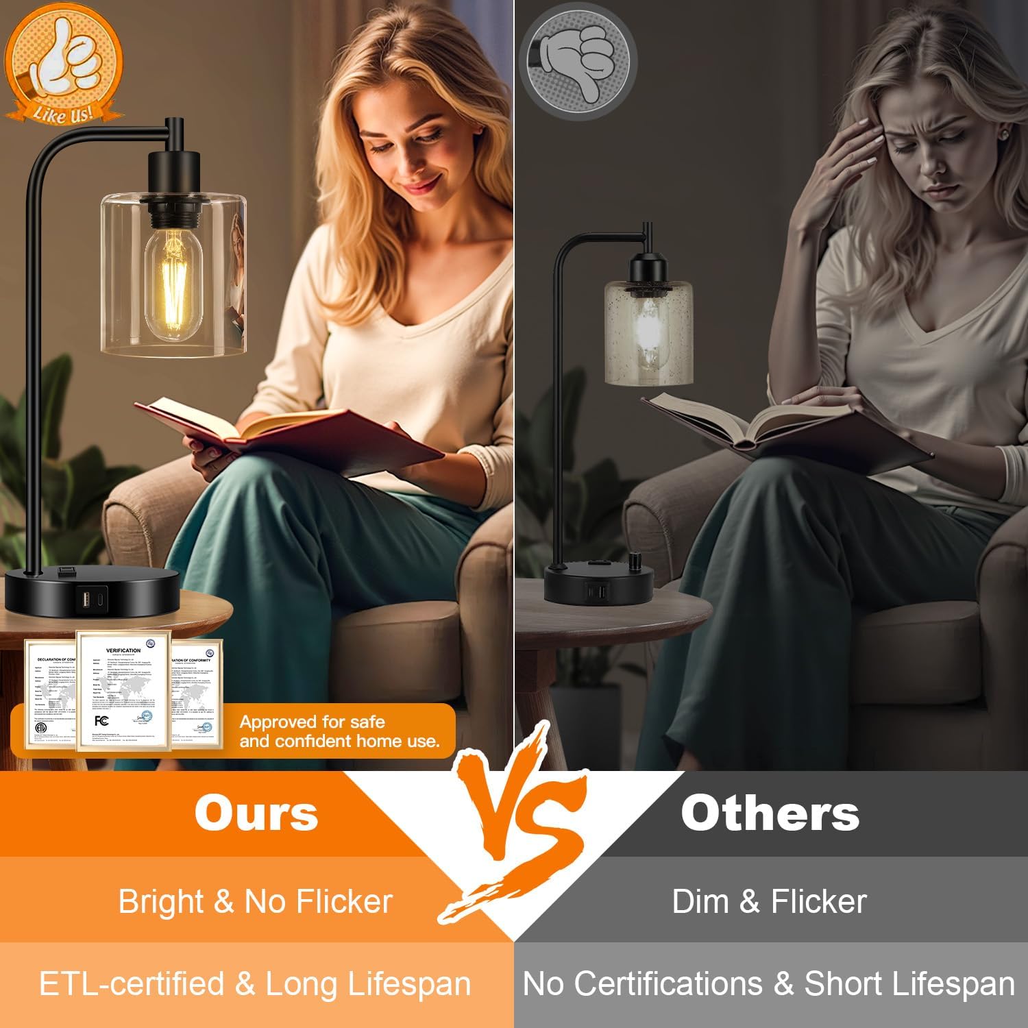 Set of 2 Industrial Touch Control Table Lamps with USB C+A Ports and AC Outlet - 3-Way Dimmable Black Bedside Lamps Nightstand Desk Lamps for Bedroom Living Room, Glass Shade & 2 LED Bulbs Included - Image 6