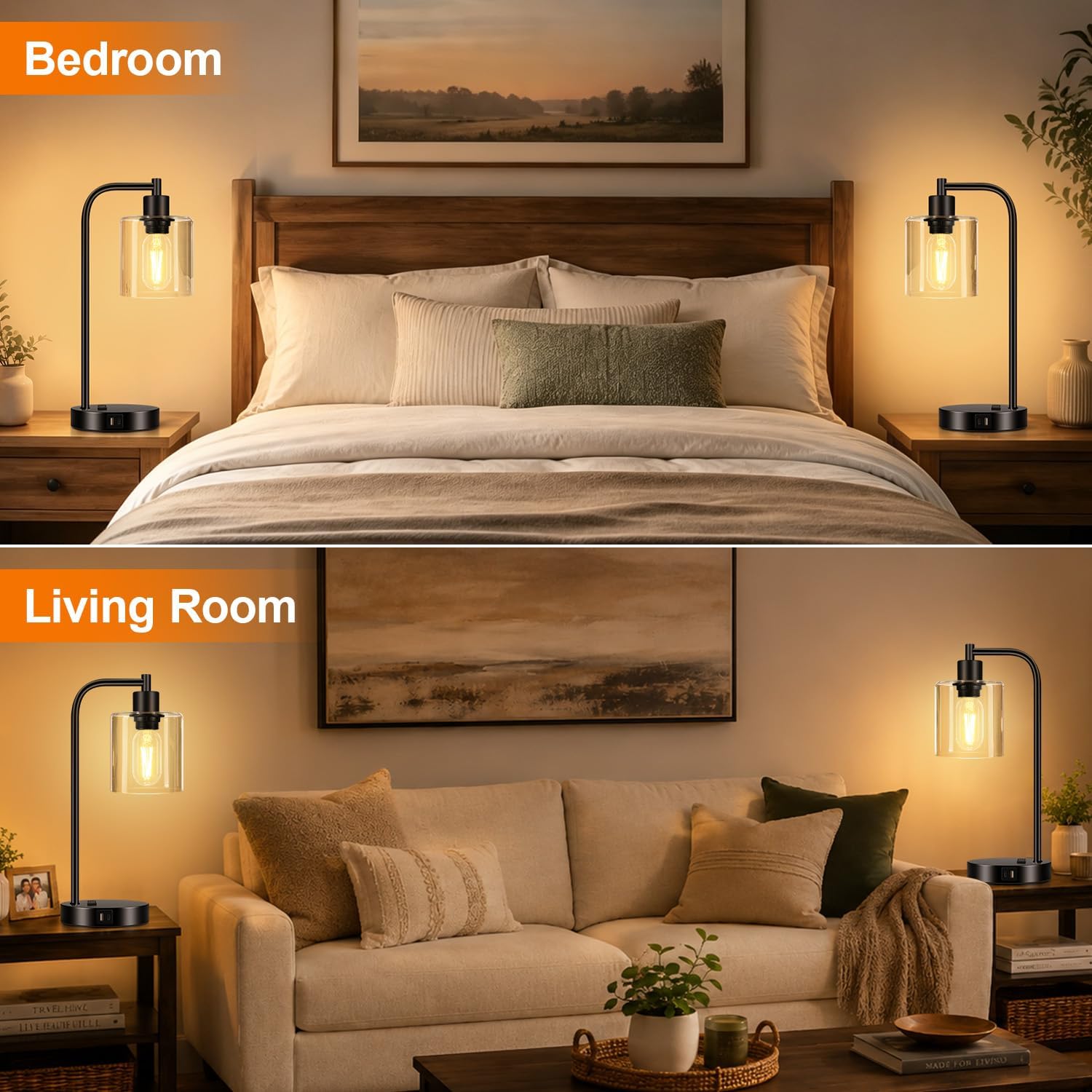 Set of 2 Industrial Touch Control Table Lamps with USB C+A Ports and AC Outlet - 3-Way Dimmable Black Bedside Lamps Nightstand Desk Lamps for Bedroom Living Room, Glass Shade & 2 LED Bulbs Included - Image 7