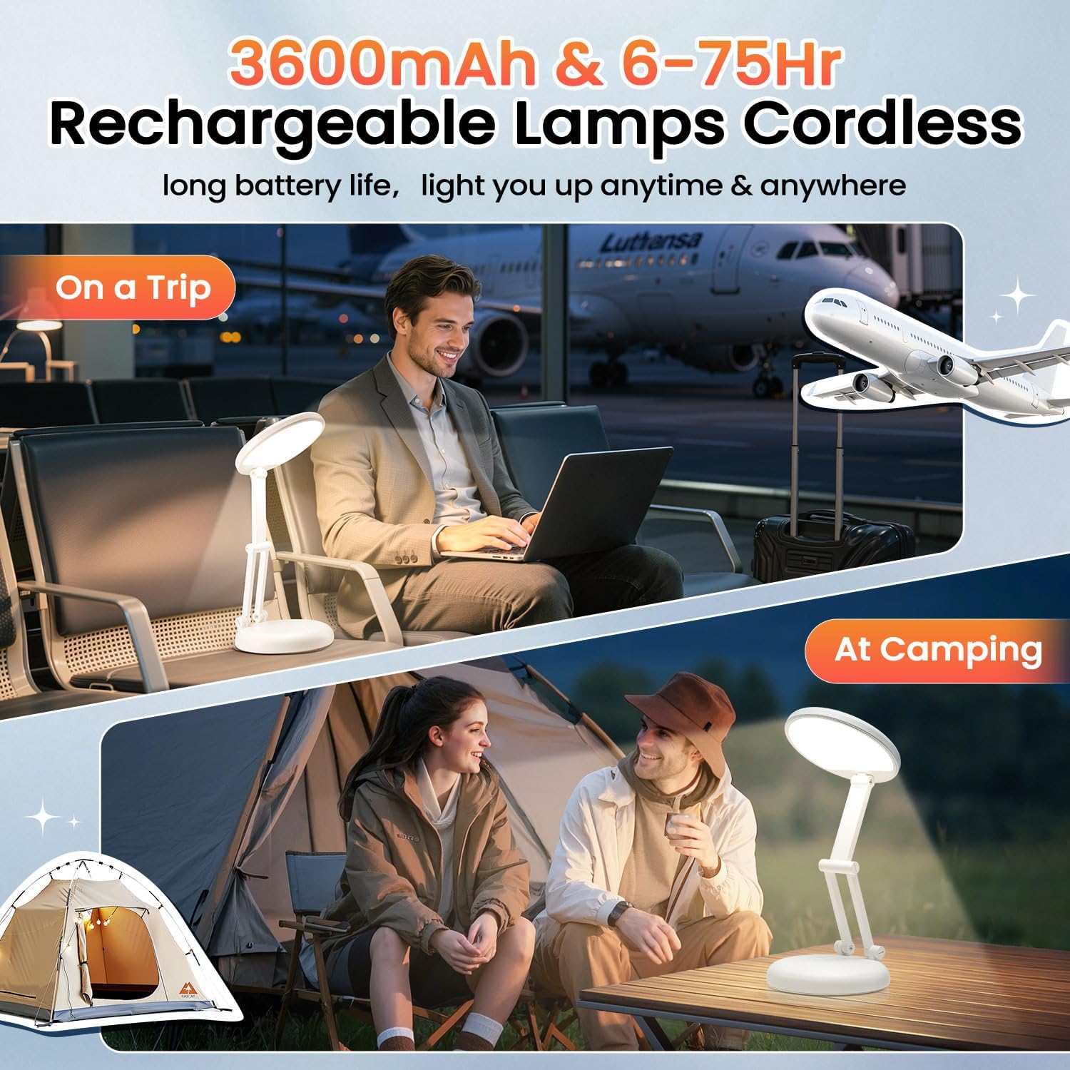 One Fire Rechargeable Table Lamp,Dimmable Cordless Lamp Desk Lamp for Dorm,3600mAh Battery Operated Lamp Rechargeable Lamp,Small Desk Lamp Portable Light for Office/Study/Nail/Craft/Puzzle(Warm Light) - Image 4