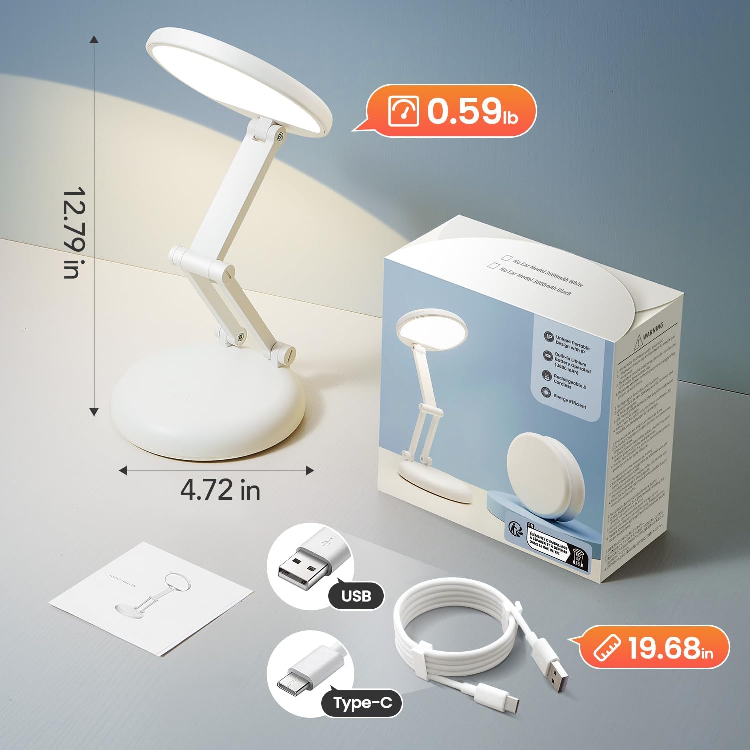 One Fire Rechargeable Table Lamp,Dimmable Cordless Lamp Desk Lamp for Dorm,3600mAh Battery Operated Lamp Rechargeable Lamp,Small Desk Lamp Portable Light for Office/Study/Nail/Craft/Puzzle(Warm Light) - Image 9
