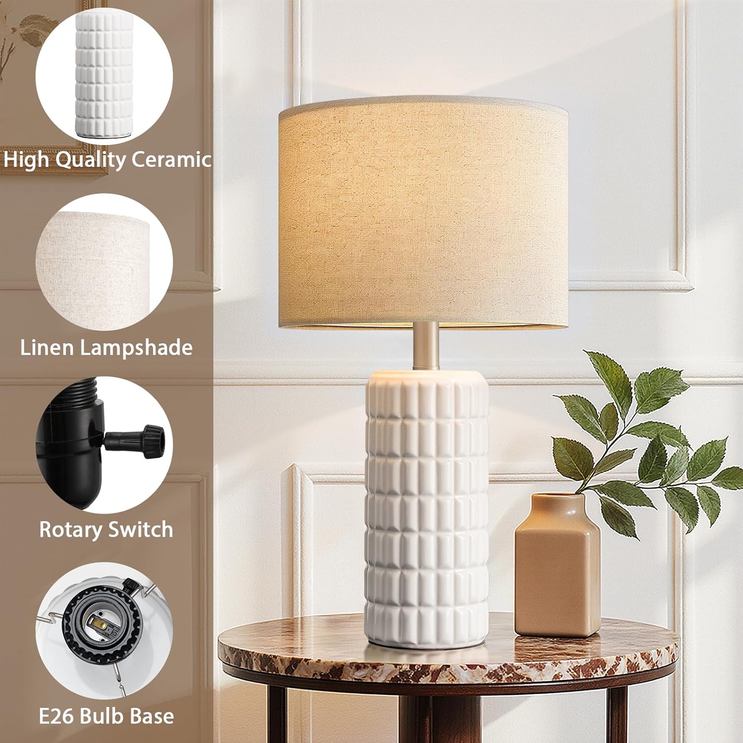 Seealle 23" Modern Ceramic Table Lamps Set of 2 - Table Lamps for Living Room, Farmhouse Bedside Night Stands Lamp for Bedroom, White Nightstand Lamps Set of 2, Desk Lamp for End Table Home Decor - Image 5