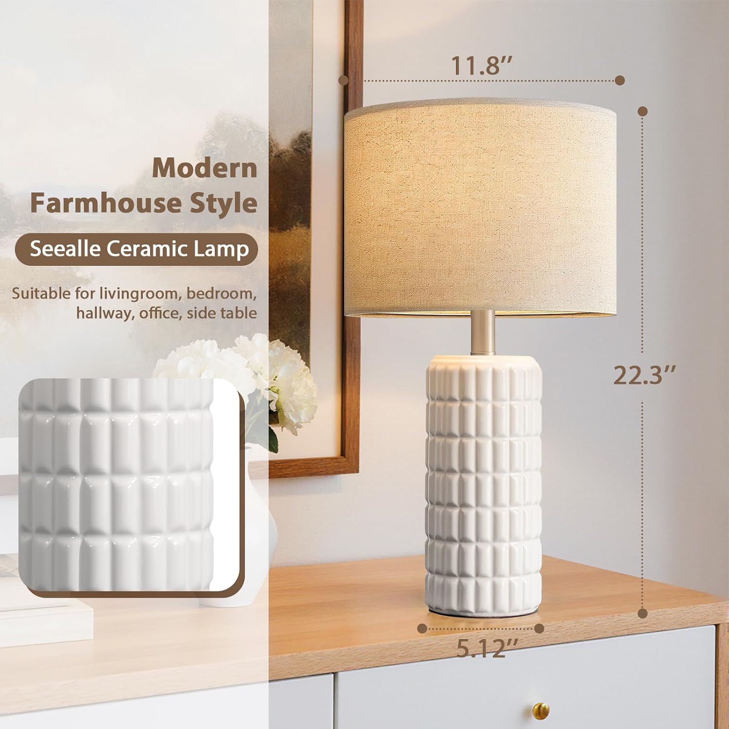 Seealle 23" Modern Ceramic Table Lamps Set of 2 - Table Lamps for Living Room, Farmhouse Bedside Night Stands Lamp for Bedroom, White Nightstand Lamps Set of 2, Desk Lamp for End Table Home Decor - Image 6