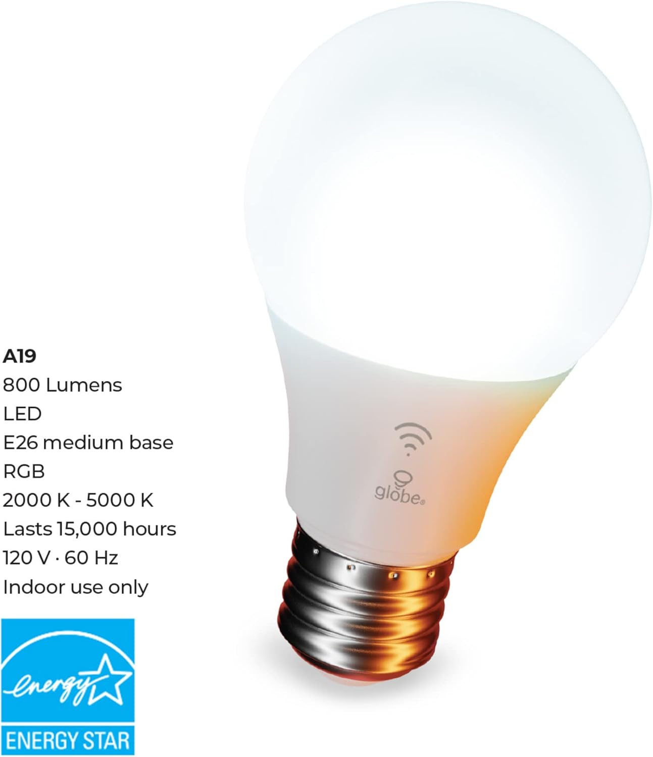 Globe Electric 50589 Color-Changing A19 LED Smart Light Bulb, 2.4 GHz Wi-Fi, 60W Equivalent 800LM, Works with Alexa Only, 1-Pack - Image 10