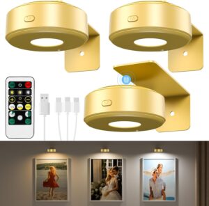 3 Pcs Picture Lights, Rechargeable Battery Operated Dimmable 3-Color Wall Light with Remote & Timer for Paintings, Artwork, Gallery, Wall Decor, Photo Frames