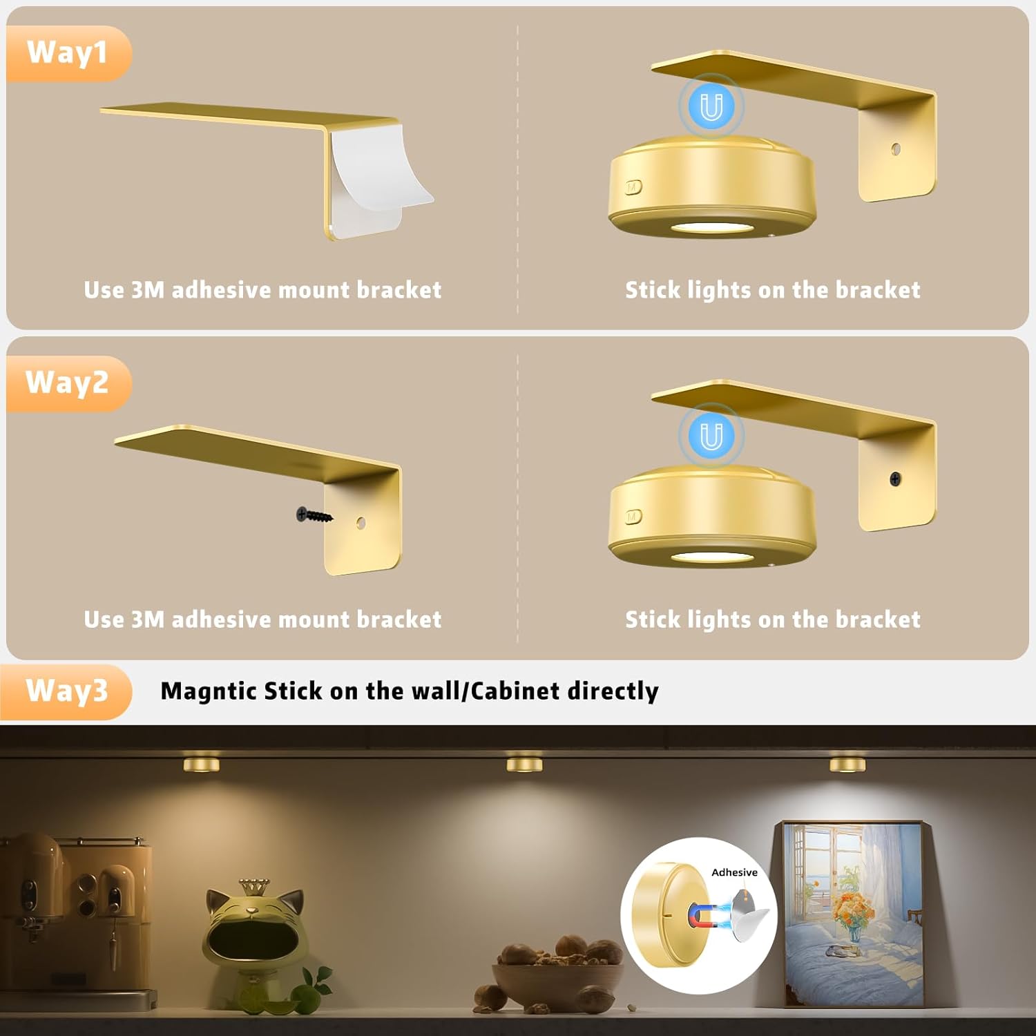 3 Pcs Picture Lights, Rechargeable Battery Operated Dimmable 3-Color Wall Light with Remote & Timer for Paintings, Artwork, Gallery, Wall Decor, Photo Frames - Image 3